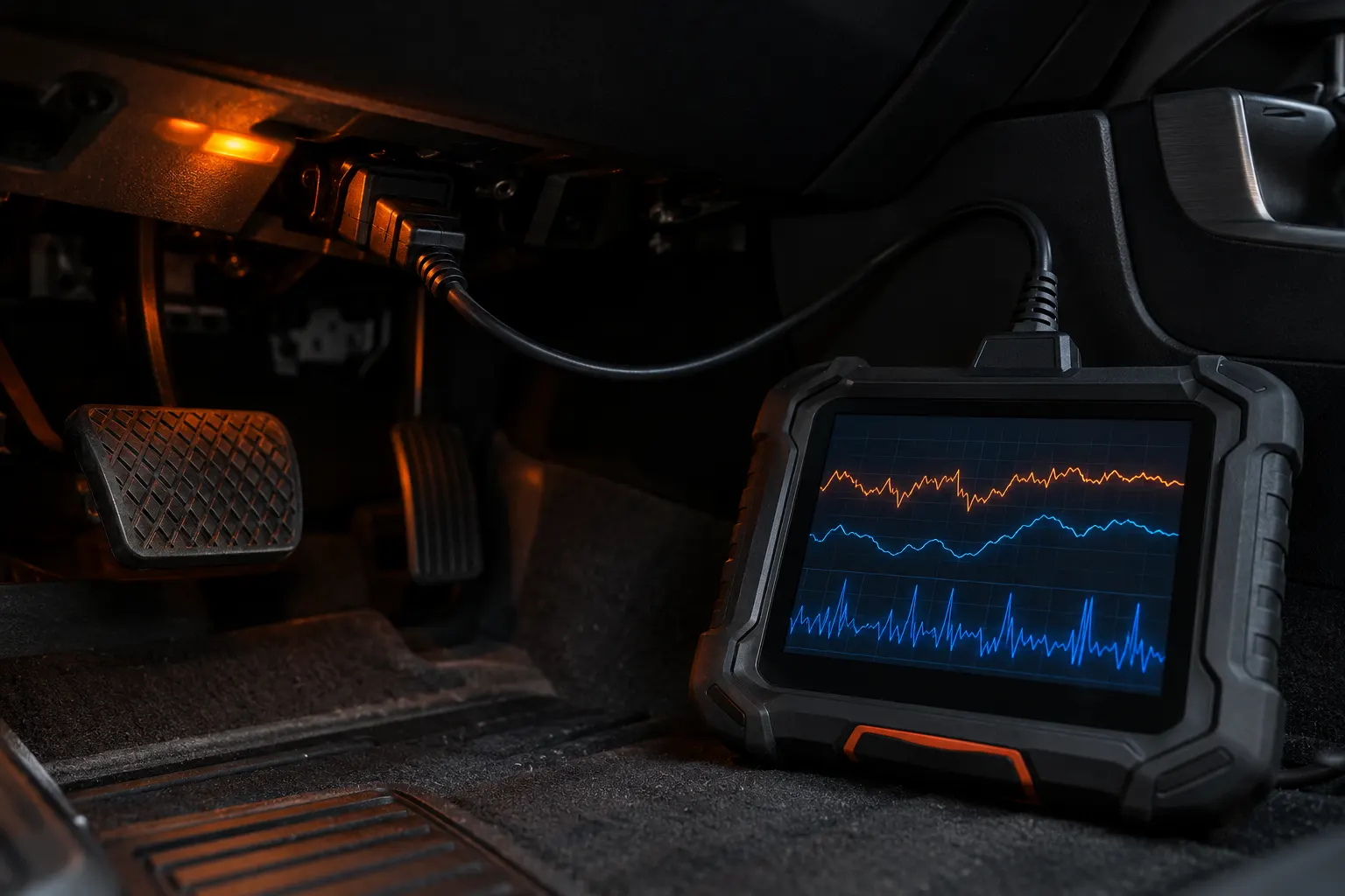 Diagnostic scanner plugged into a car's OBD port