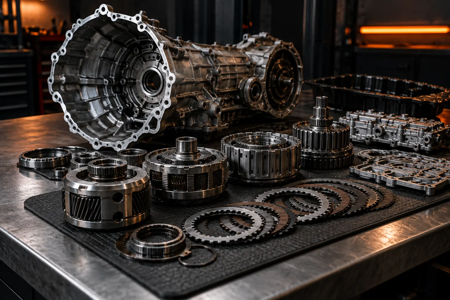 Gearbox stripped down on a workbench