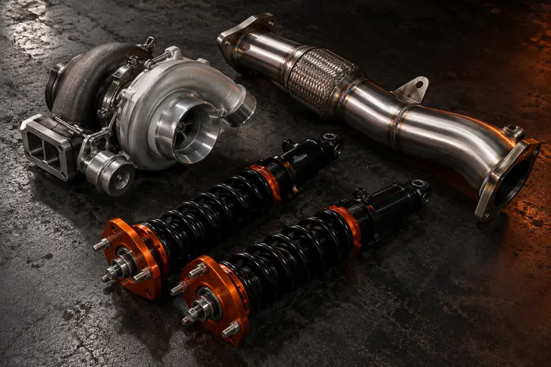 Turbocharger, exhaust section and coilovers